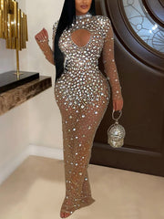 Sexy See Through Mesh Rhinestone Maxi Dress