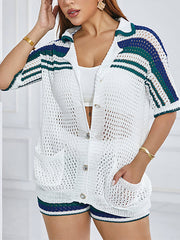 Striped Pattern Button Front Cardigan and Knit Shorts