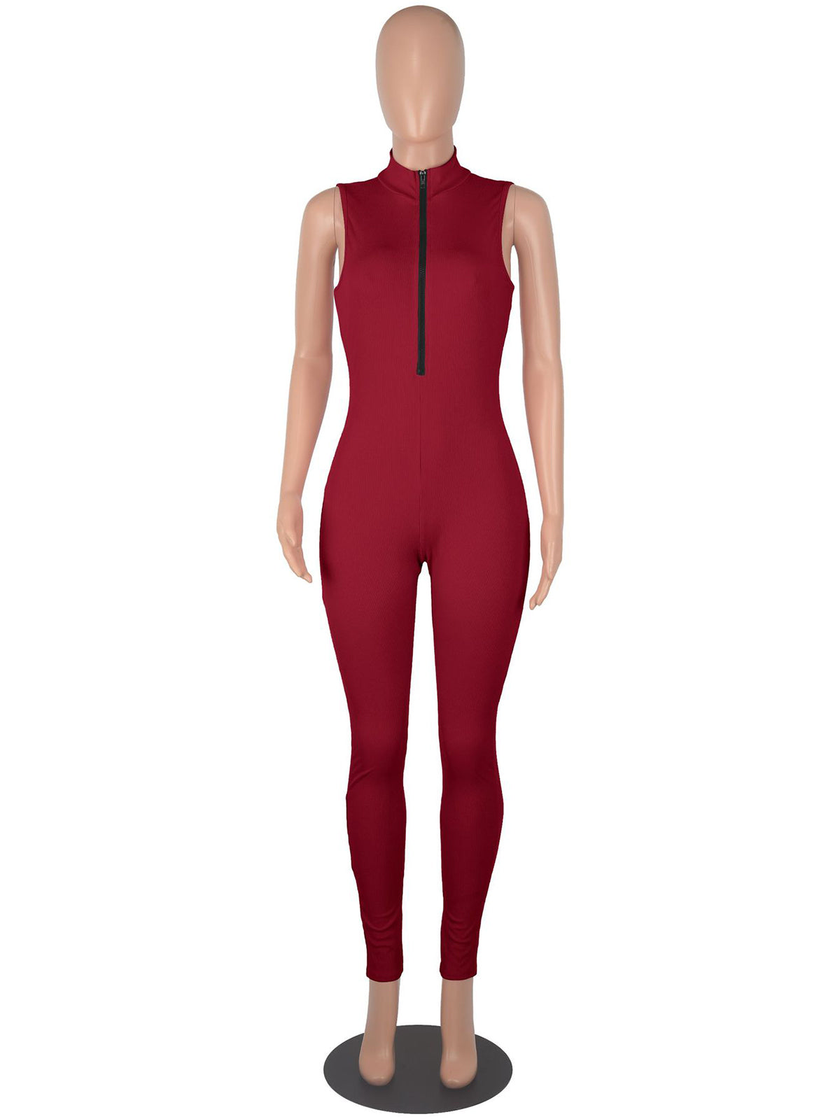 Casual Rib Knit Zipper Sleeveless Jumpsuit