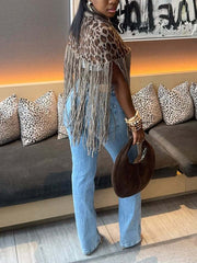 Sexy Leopard Print Spliced Tassel Cloak Top