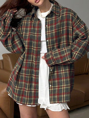 Vintage Turn-Down Collar Plaid Loose Shirt