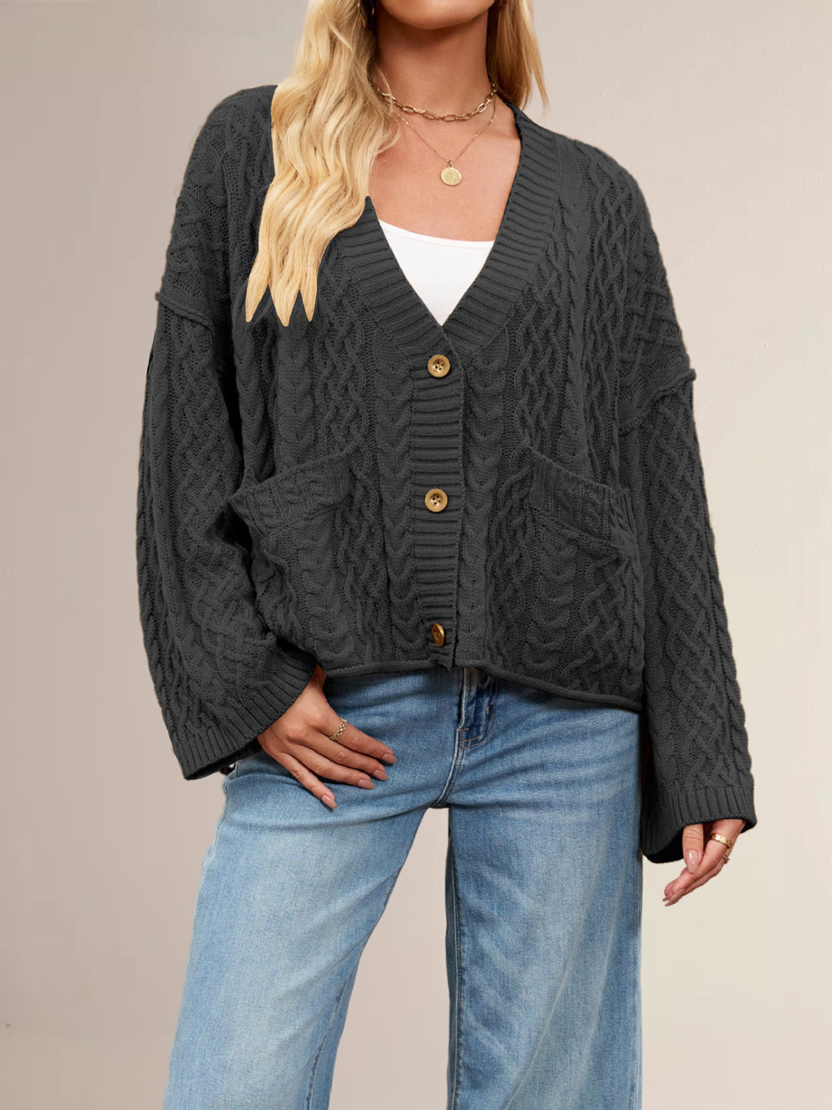 Casual Textured Cable Knit Button Up Cardigan