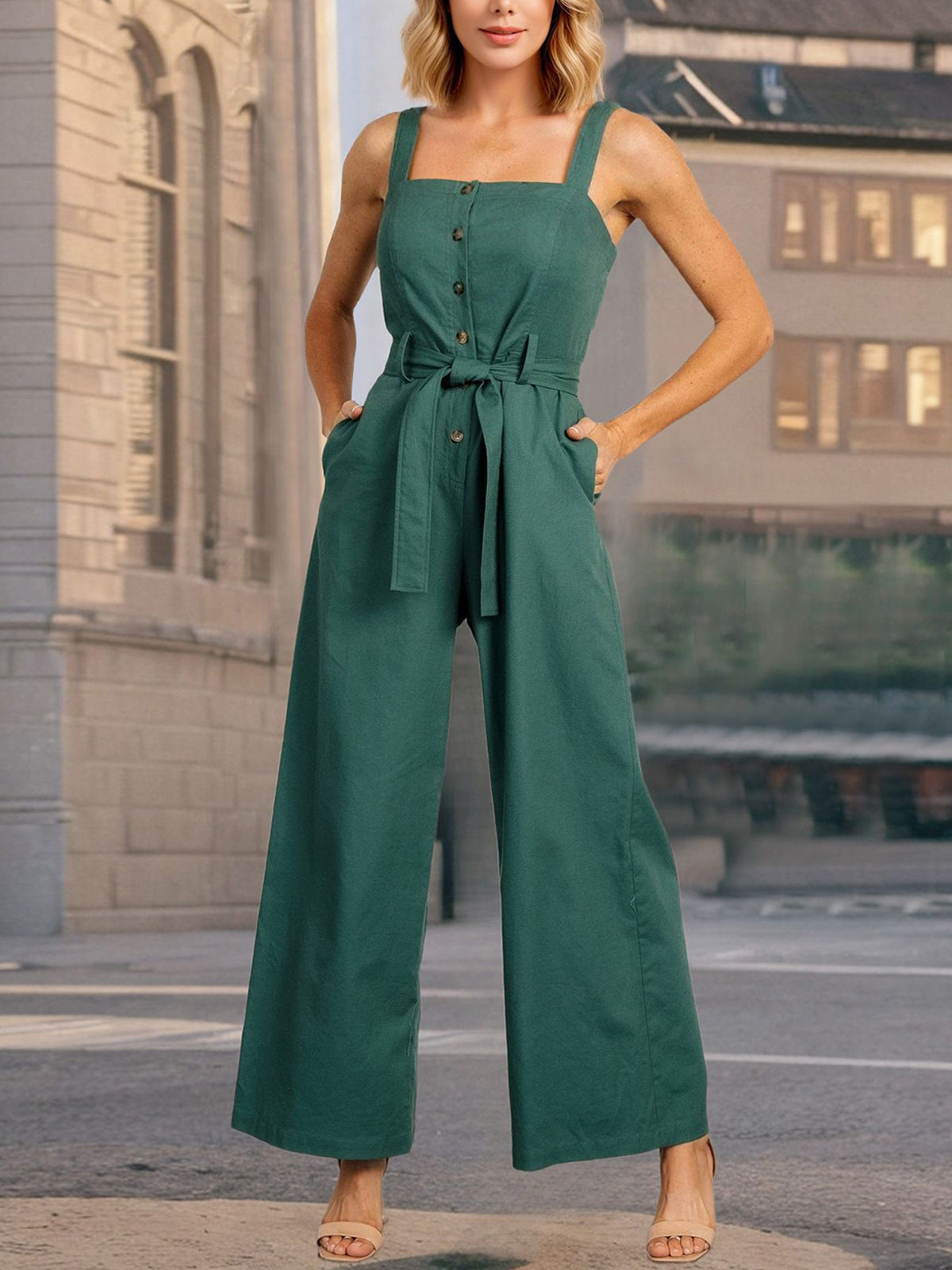 Fashion Sleeveless Single-breasted Strap Jumpsuit