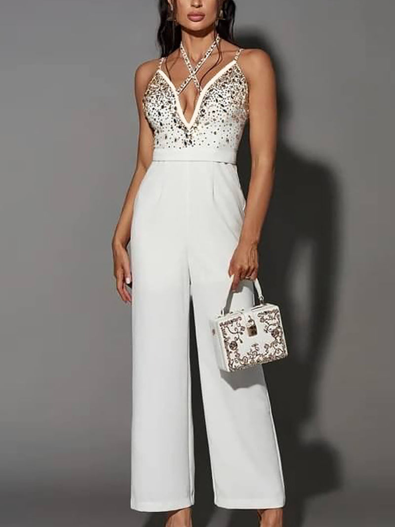 Rhinestone Sleeveless Backless Hollow Out Jumpsuit