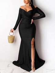 Sexy Off Shoulder Long Sleeve High Split Maxi Dress