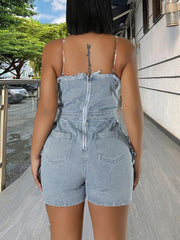 Sexy Strapless Ripped Denim Romper