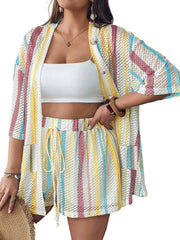 Casual Striped Crochet Top Shorts Two Piece Set