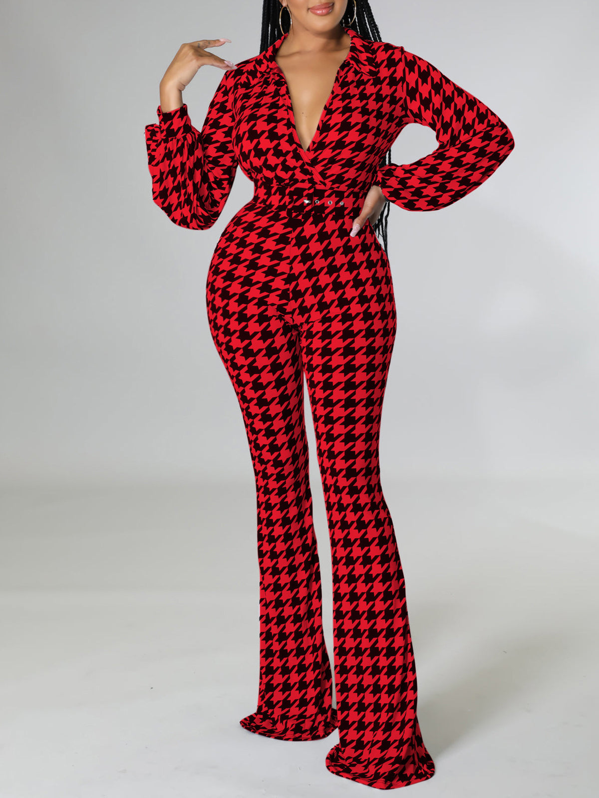 V Neck Houndstooth Print Slim Jumpsuit