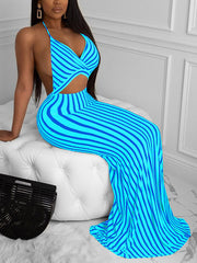 Sexy Striped Print Backless Hollow Out Maxi Dress