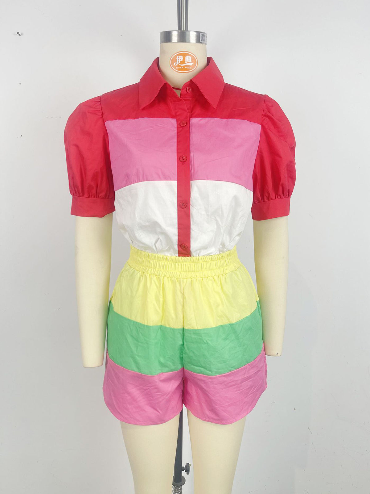 Multi-Color Patchwork Lantern Sleeve Shirt Shorts Set