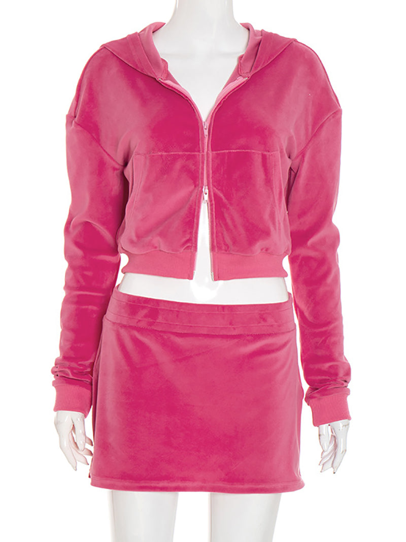Fashion Velour Double-Slider-Zipper Hooded Skirt Sets