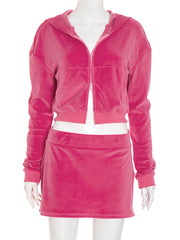 Fashion Velour Double-Slider-Zipper Hooded Skirt Sets