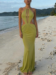 Sexy Halterneck Backless Sheer Mesh Maxi Dress