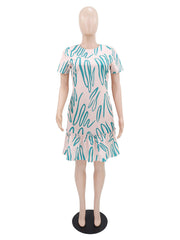 Round Neck Short Sleeve Print Ruffles Casual Midi Dress