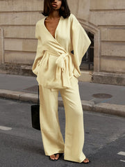 Women's Tie Front Top and Wide Leg Pants Set