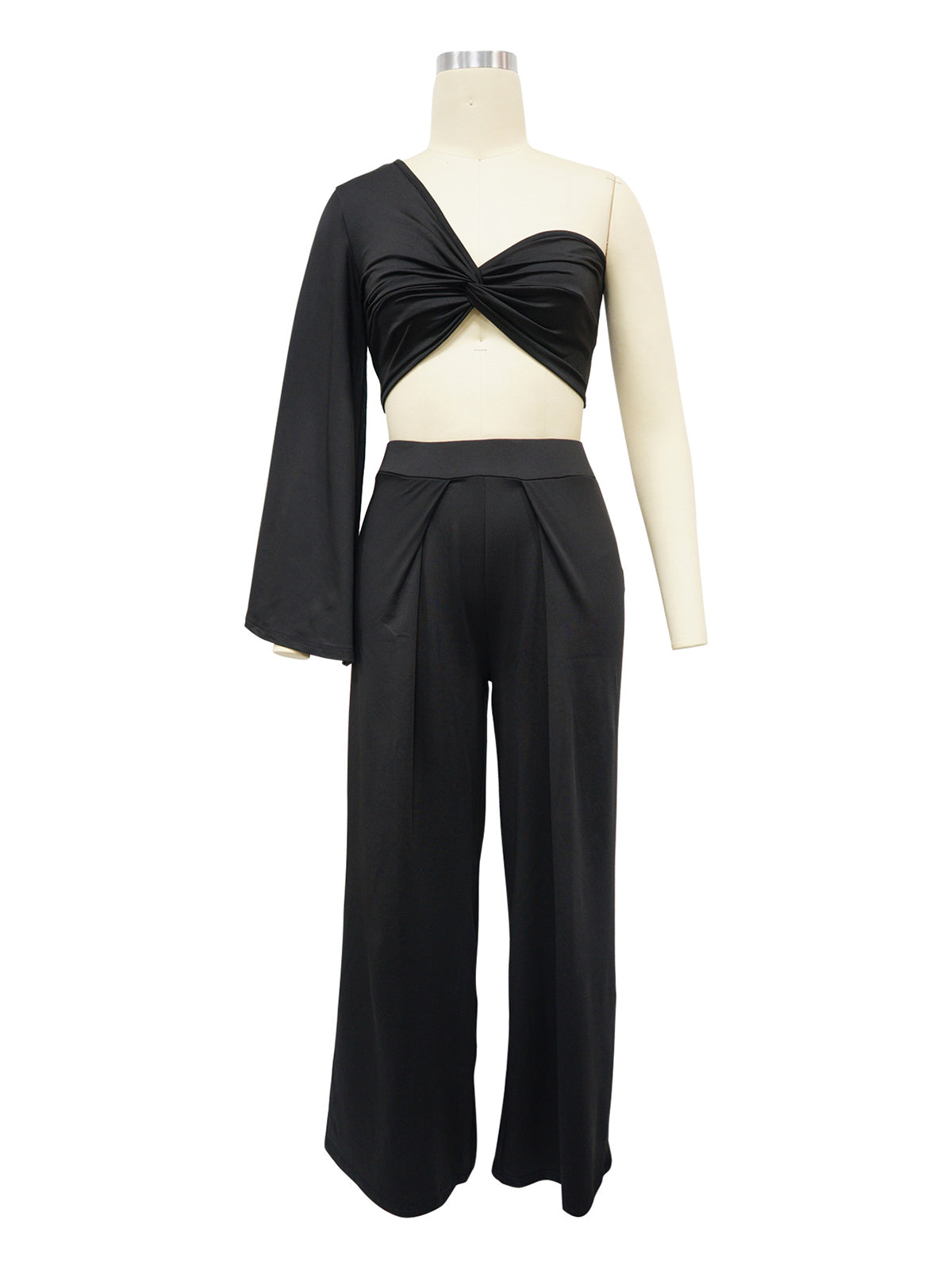 Elegant Solid Patchwork One Shoulder Fold Two Piece