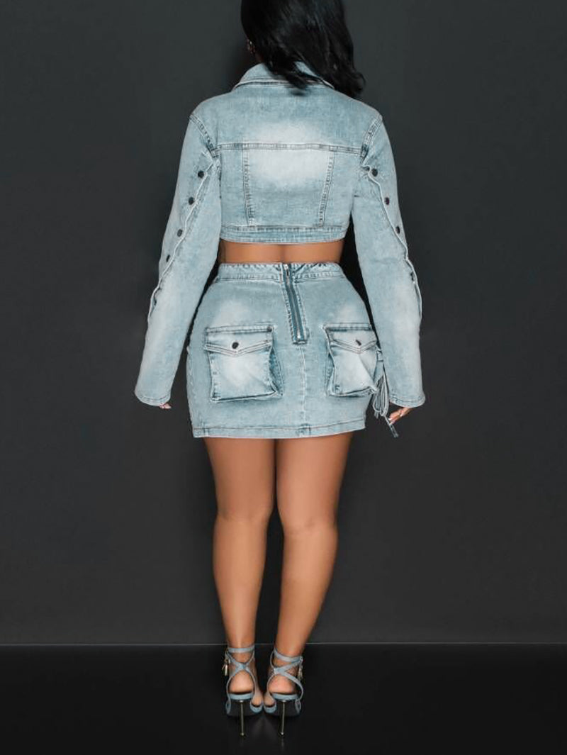 Denim Crop Tops Cargo Skirt Casual Set