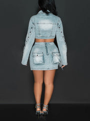 Denim Crop Tops Cargo Skirt Casual Set