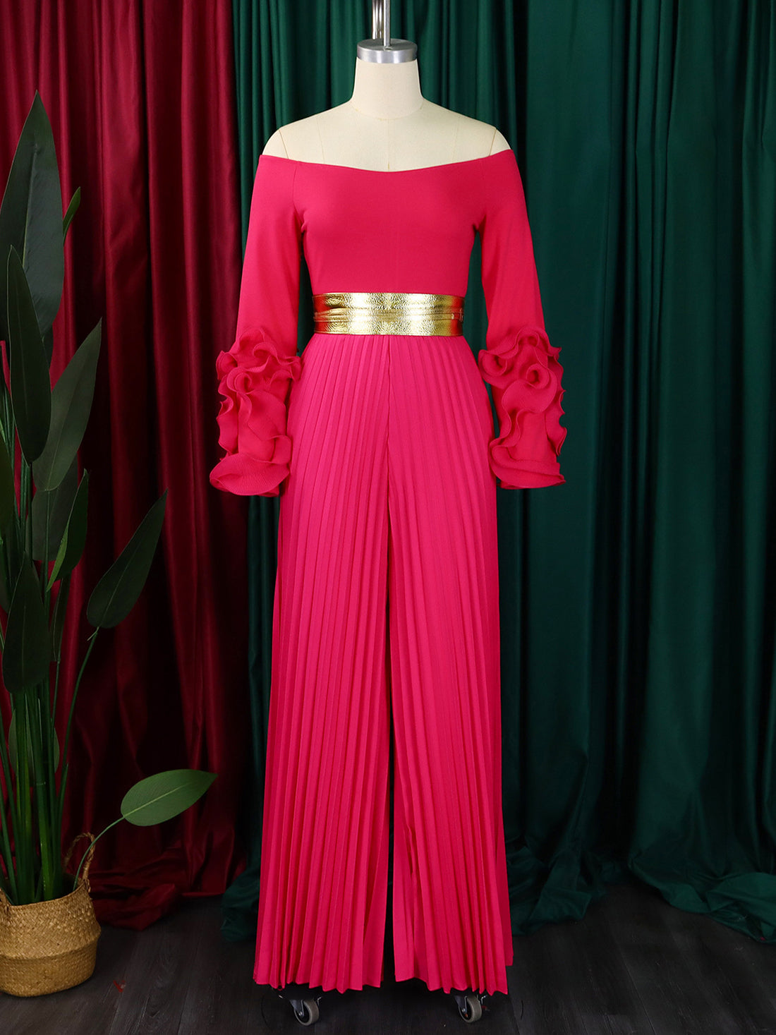 Fashion Off Shoulder Ruffles Sleeve Wide Leg Jumpsuit