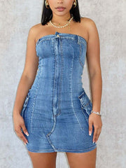 Sexy Strapless Washed Button Stretch Denim Dress