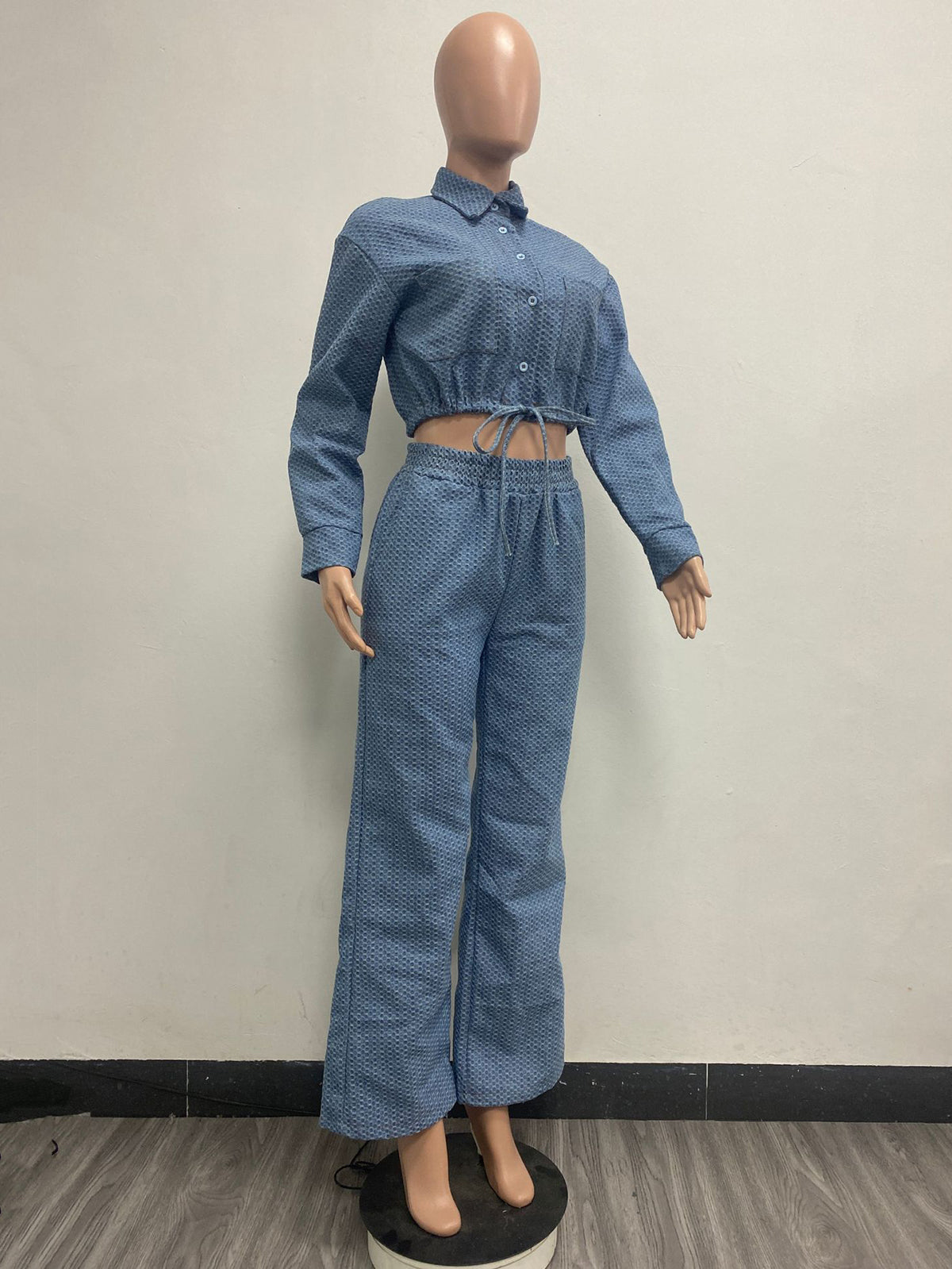 Casual Denim Drawstring Top and Pants 2 Piece Set