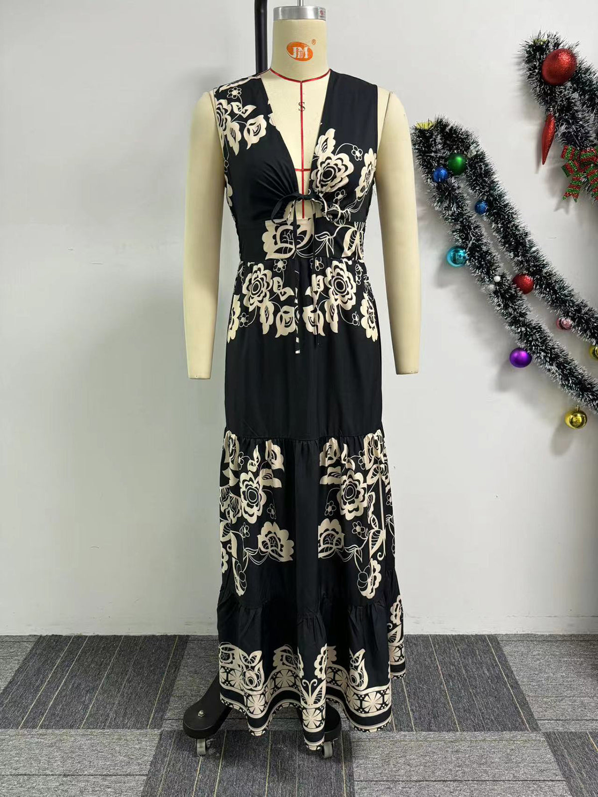 Print Patchwork Tie Up Hollow Out Sleeveless Maxi Dress