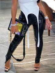 Casual Street Sportswear Faux Leather Solid Slit Pants