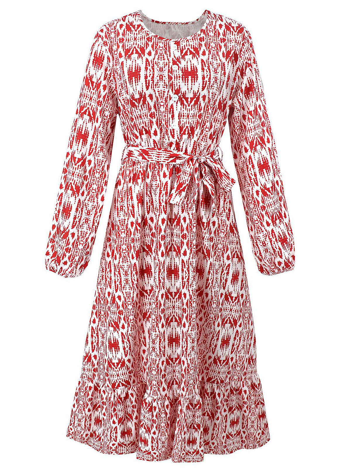 Elegant Round Neck Floral Print Slim Midi Dress