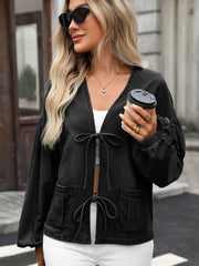 V Neck Tie Front Distressed Denim Blouse