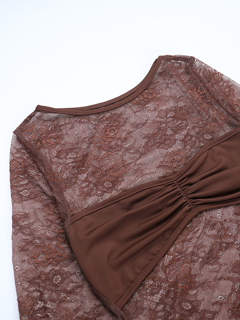 Round Collar Lace Patchwork See-Through Maxi Dress