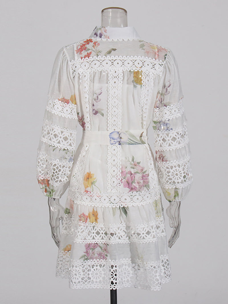 Fashion Print Lapel Puff Sleeve Lace-Up Dress
