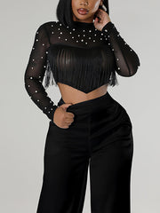 See Through Beading Fringe Cropped Pant Sets