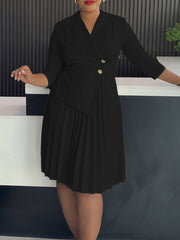Elegant Turndown Collar Shirt Pleated Midi Dress