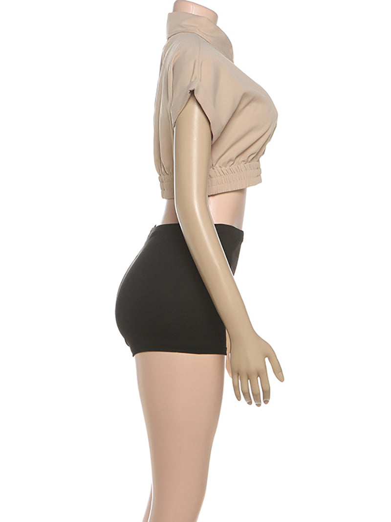 Casual Lapel Elastic Crop Shirt And Shorts Sports Set