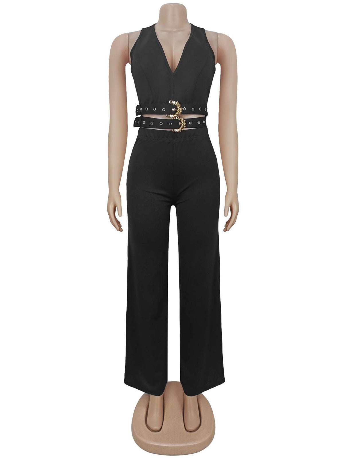 Sexy V-Neck Buckled Belt Top and Pants 2 Piece Set