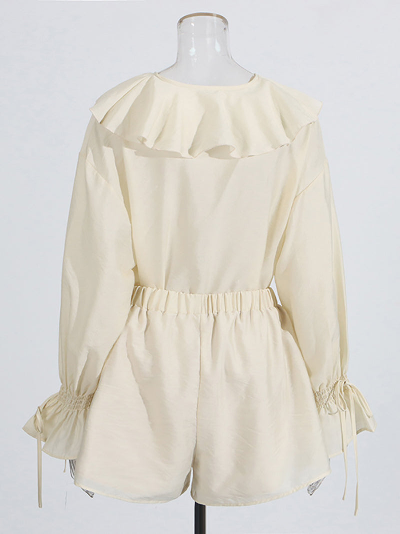 V-neck Lace-up Ruffled Top and Drawstring Shorts Set