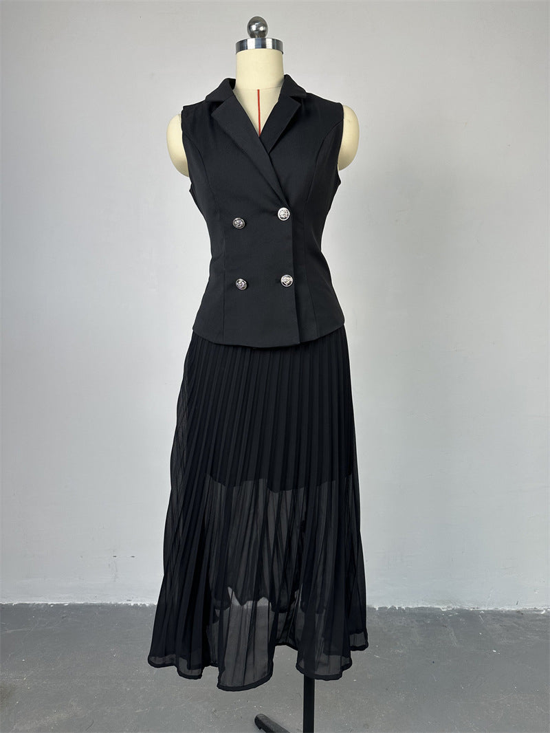 Elegant Double-breasted Vest Top Pleated Skirt Sets