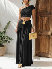 Sexy One Shoulder Crop Top And Ruched Skirt Two-Piece Set