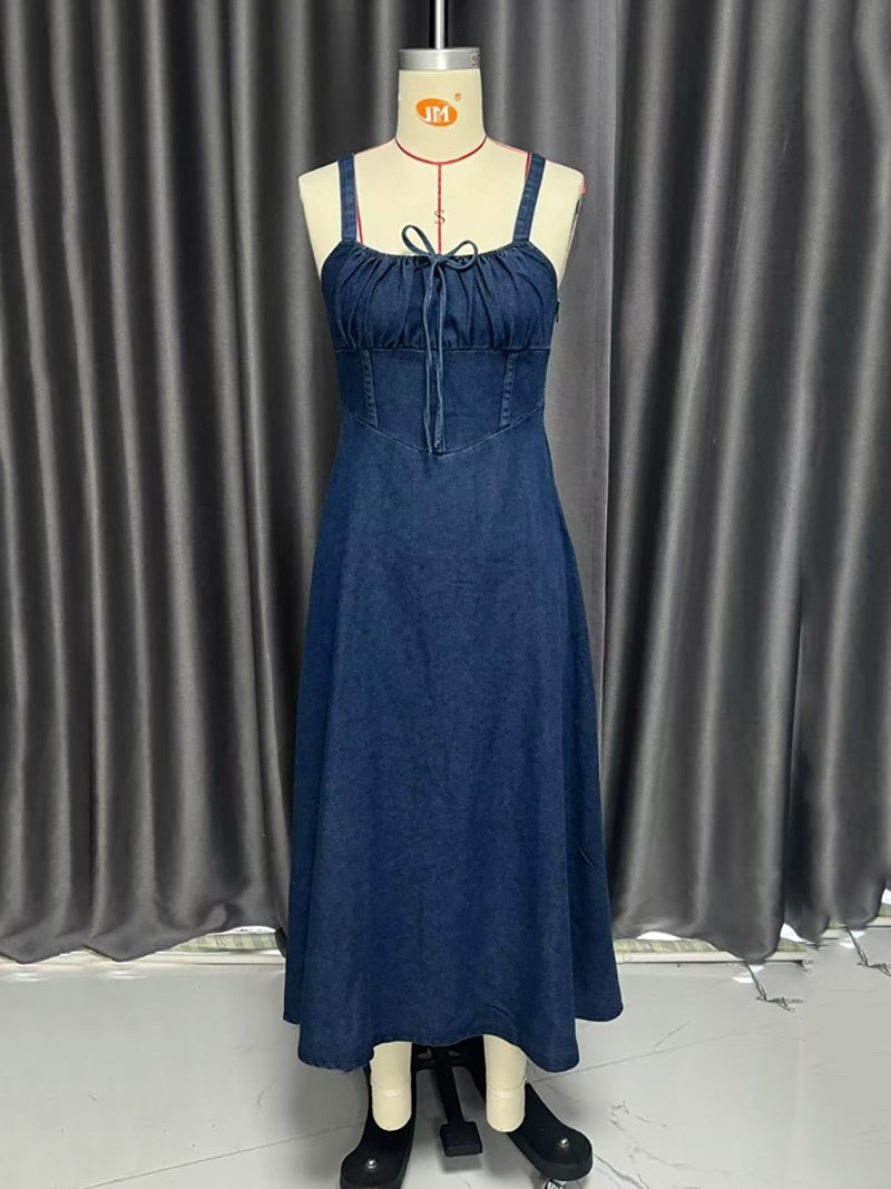 Elegant Sleeveless Lace-up Denim Suspenders Dress