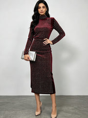 Rhinestone High Neck Top and Straight Skirt Set-boutique