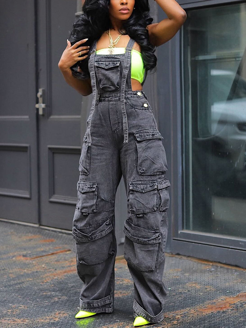 Fashion Cargo Denim Suspender Pants Jumpsuit