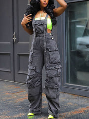 Fashion Cargo Denim Suspender Pants Jumpsuit