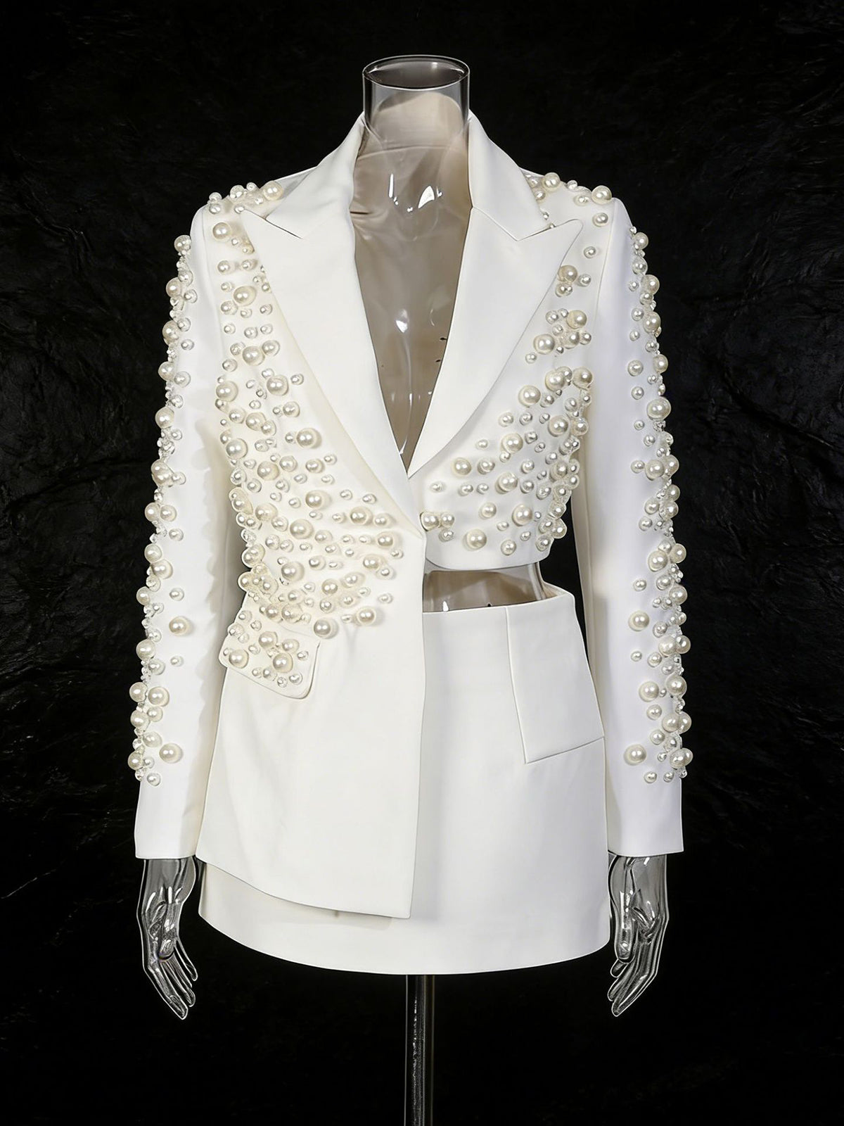 Fashion Pearl Embellished Blazer And Skirt Set
