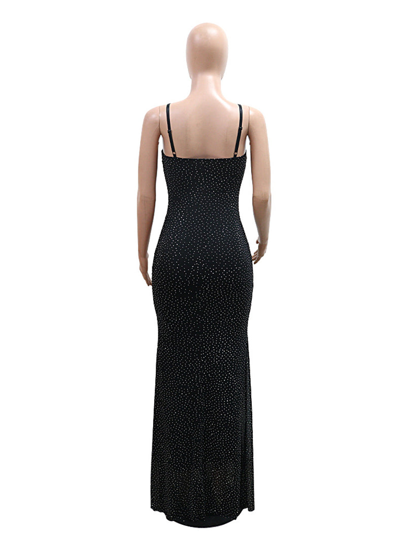 Elegant Mesh Rhinestone Spaghetti Strap Maxi Dress
