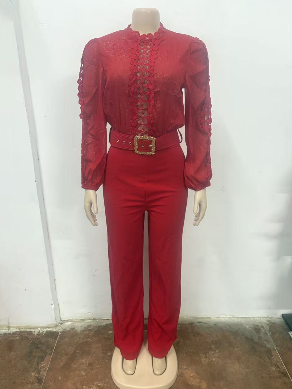 Elegant Lace Patchwork Long Sleeve Belted Jumpsuit