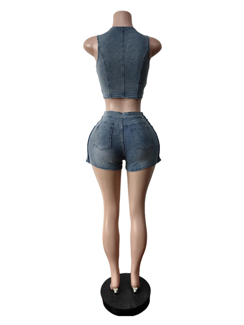 Fashion Elastic Denim Vest and Shorts Set