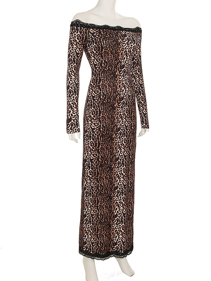 Off Shoulder Leopard Print High Slit Maxi Dress