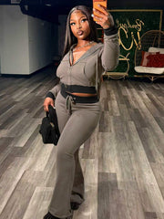 Contrast Waist Hoodie and Flare Pants Set