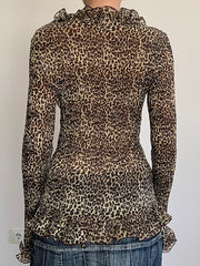 V-Neck Ruffled-Trim Leopard Print Slim-Fit Cardigan