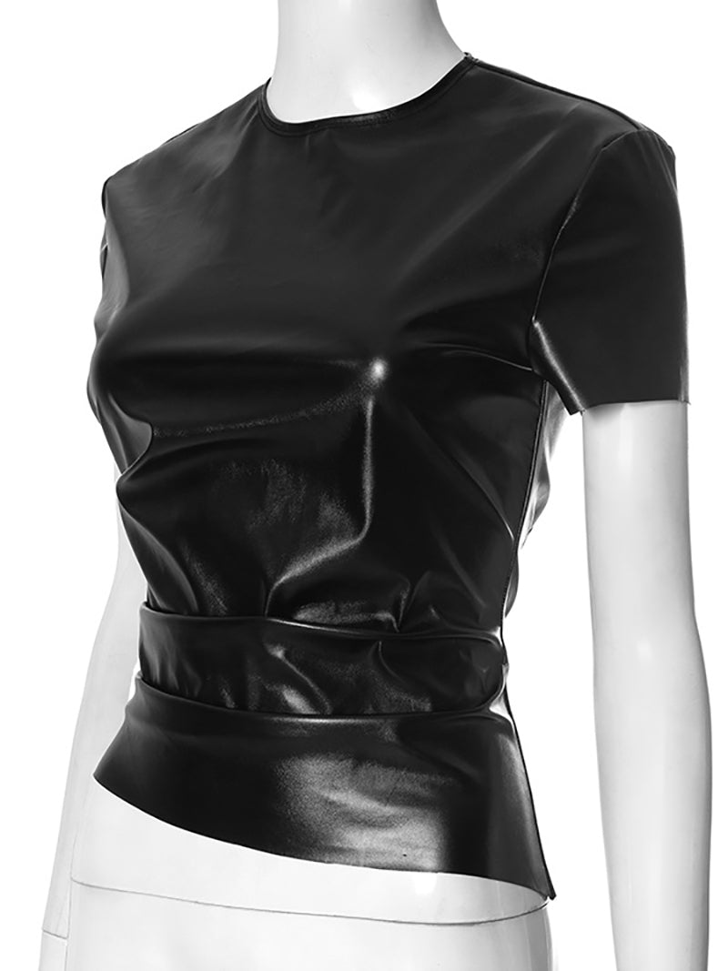 Sexy O Neck Ruched PU Crop T-shirt Top